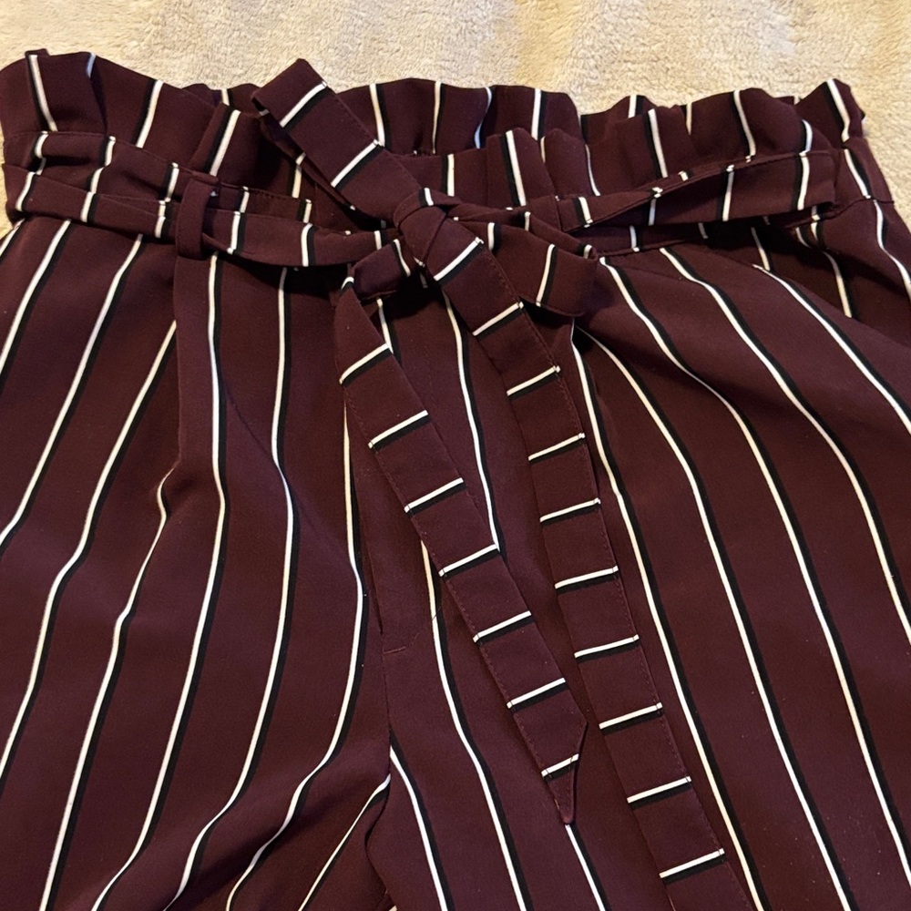 Paperbag Waist Skinny Pants with Self-Tie Belt in Burgundy Stripe